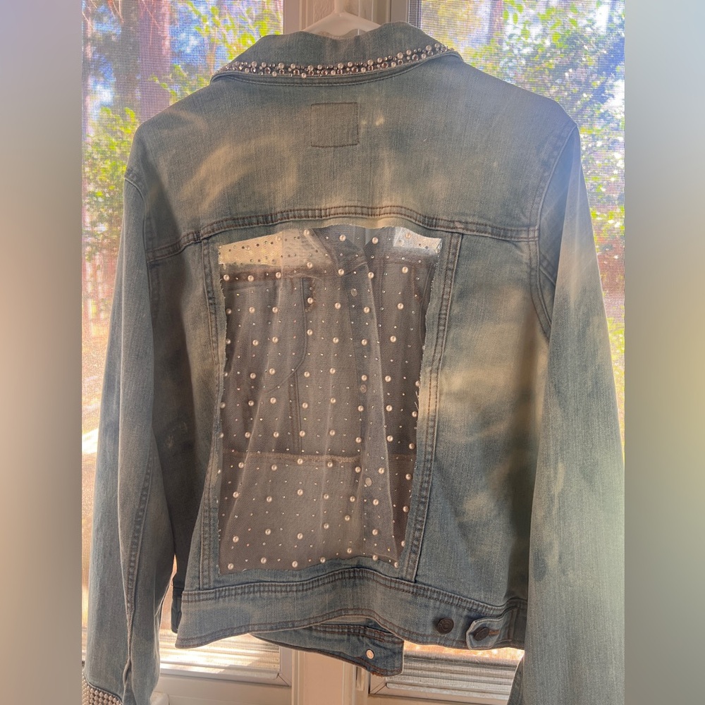 Old Navy Blue Denim Jacket with Sheer Embellished Back